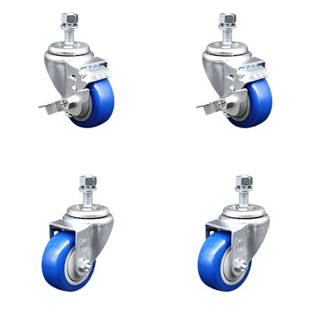Service Caster 3.5 Inch SS Blue Polyurethane Swivel 12mm Threaded Stem Caster Brakes, 2PK SSTS20S3514-PPUB-BLUE-TLB-M1215-2-S2
